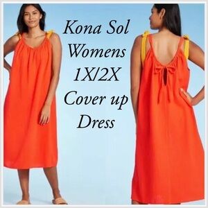 Kona Sol Women's 1X / 2X Orange Beach Dress Coverup Gauze midi tie back CUTE!